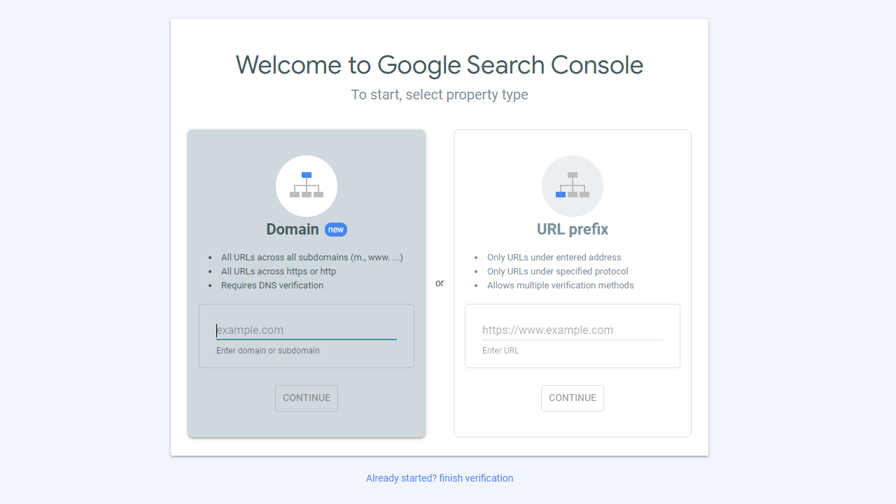 google search console property type selection domain or url prefix