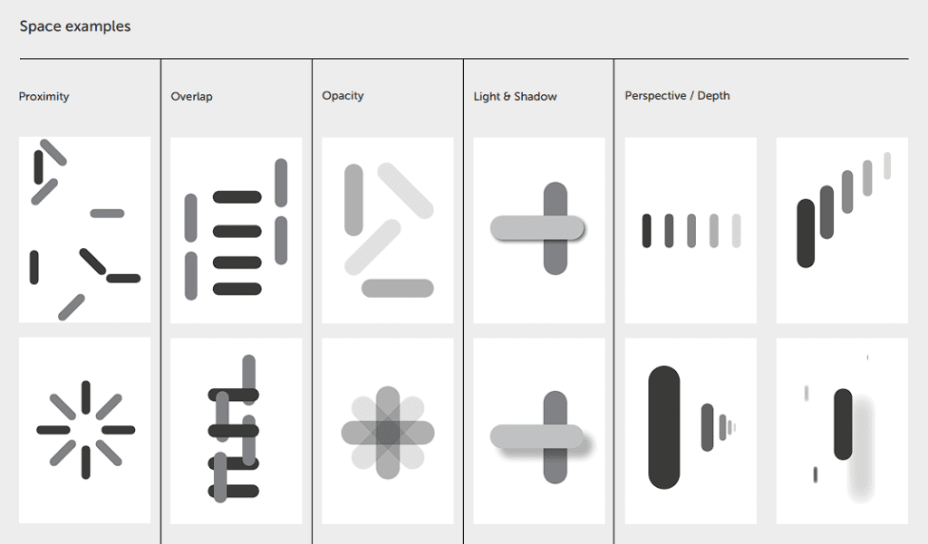 space examples-proximity, overlap, opacity, light & shadow, perspective / depth